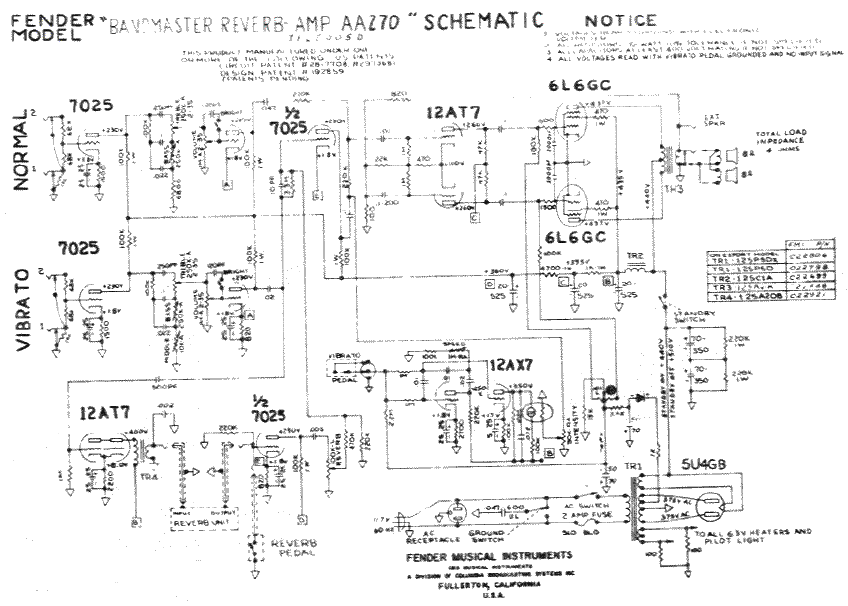 FENDER Bandmaster Reverb AA270 Schematic