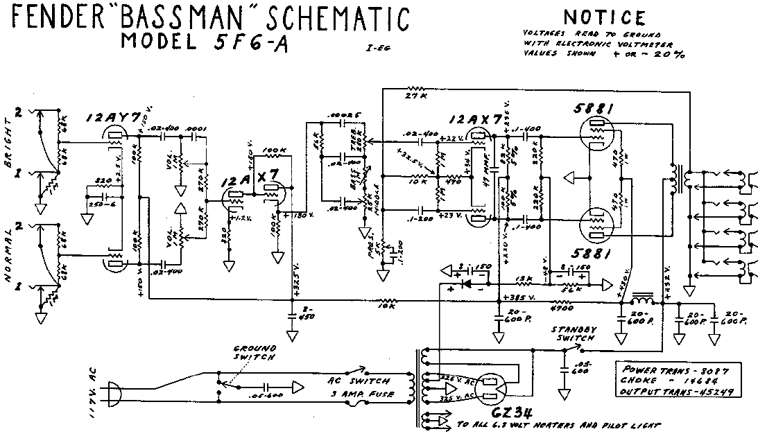 FENDER Bassman Model 5F6A Schematic