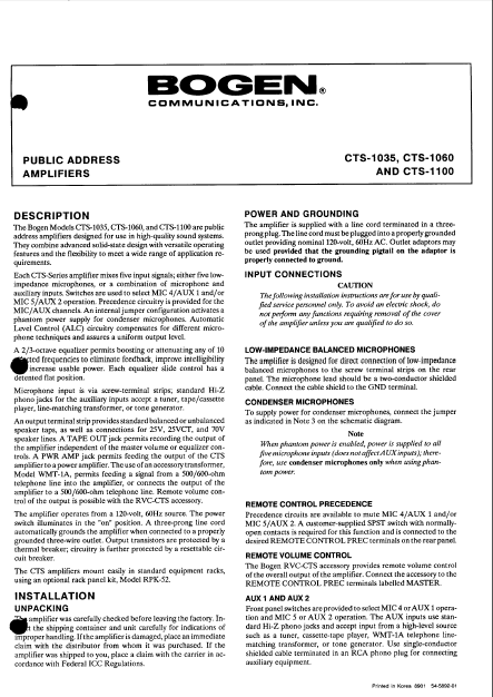 BOGEN CTS1035 P.A. Amplifiers Instruction Manual
