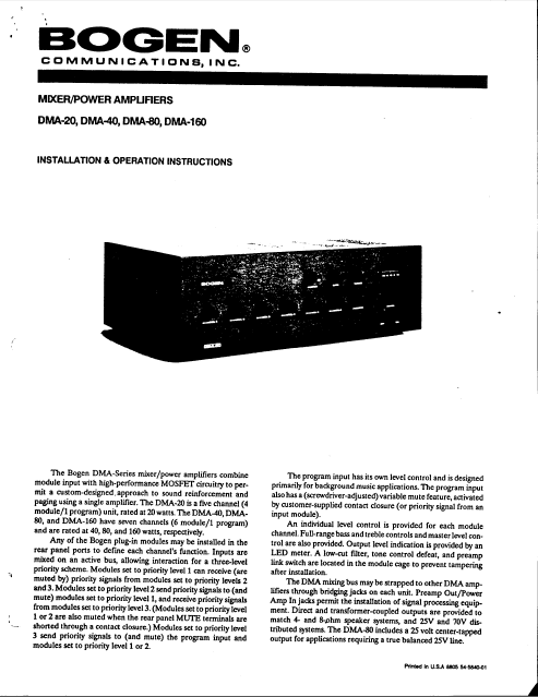 BOGEN DMA-20 Mixer Power Amplifiers Instruction Manual