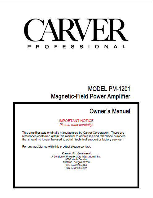 CARVER Model PM-1201 Power Amplifier Owner's Manual