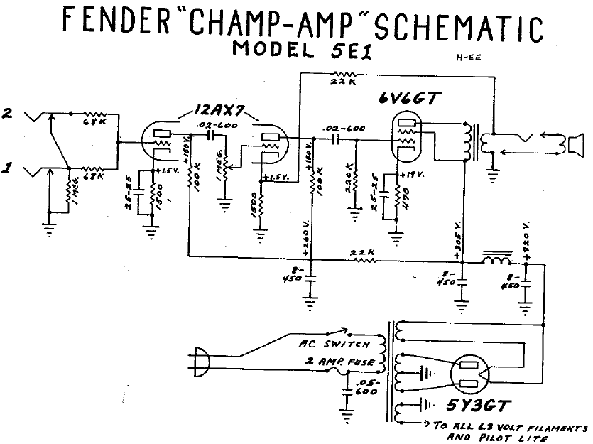 FENDER Champ Amp Model 5E1 Schematic