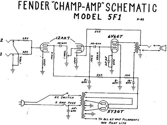 FENDER Champ Amp Model 5F1 Schematic