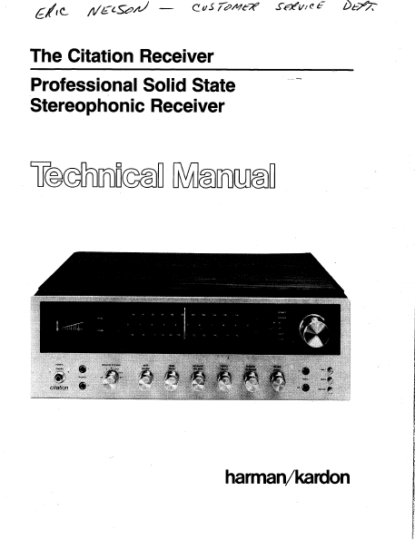 Harman Kardon Citation Receiver Professional Solid State Technical Service Manual