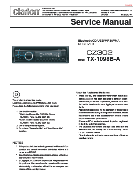 Audio TO Clearcom-clarion_cz_302 Service Manual