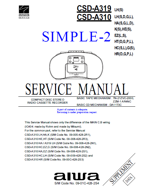 AIWA CSD-A319LH Supplement Compact Disc Recorder Schematics
