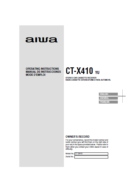 AIWA CT-X410 YU Stereo Car Cassette Receiver Owner's Manual