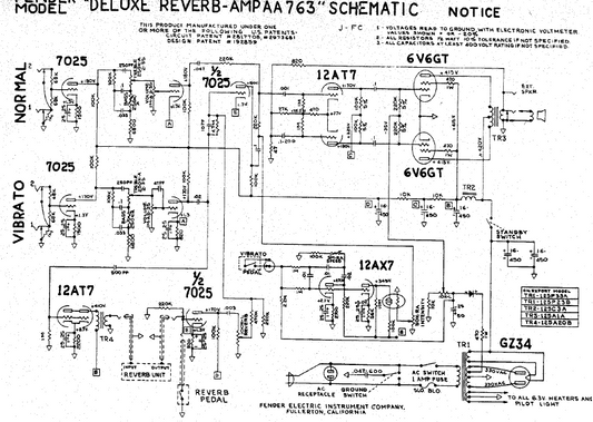 FENDER Deluxe Reverb Amp AA763 Schematic