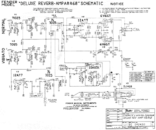 FENDER Deluxe Reverb AB868 Schematic