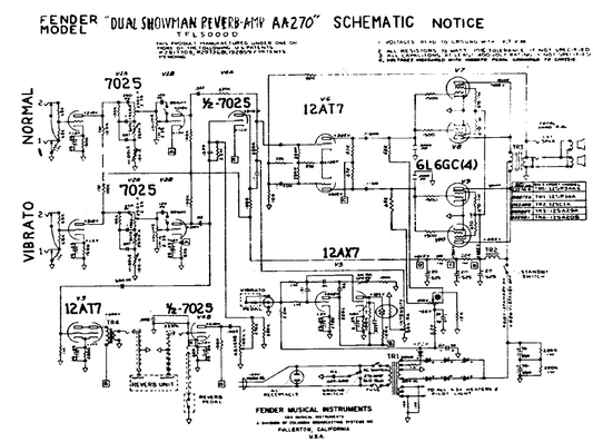 FENDER Dual Showman Reverb Amp AA270 Schematic