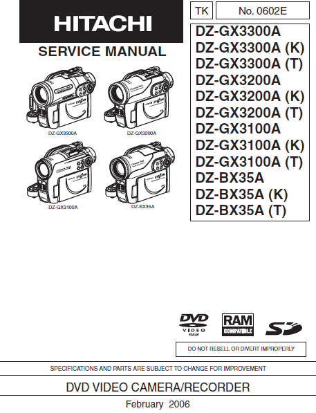 HITACHI DZ-GX3300A DVD Video Camera Recorder Service Manual