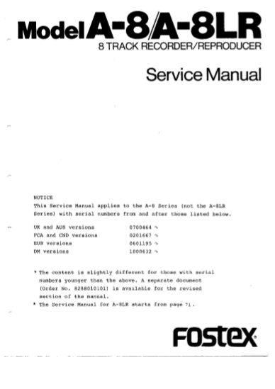 FOSTEX Model A 8A-8LR 8 Track Recorder Reproducer Service Manual