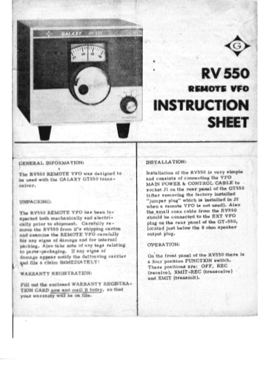 GALAXY RV 550 Remote VFO Instruction Manual