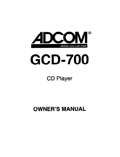 ADCOM GCD-700 Owner's Manual