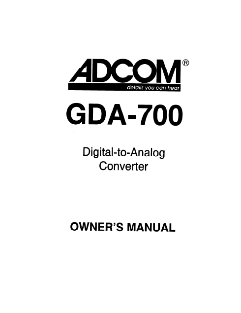 ADCOM GDA-700 Owner's Manual