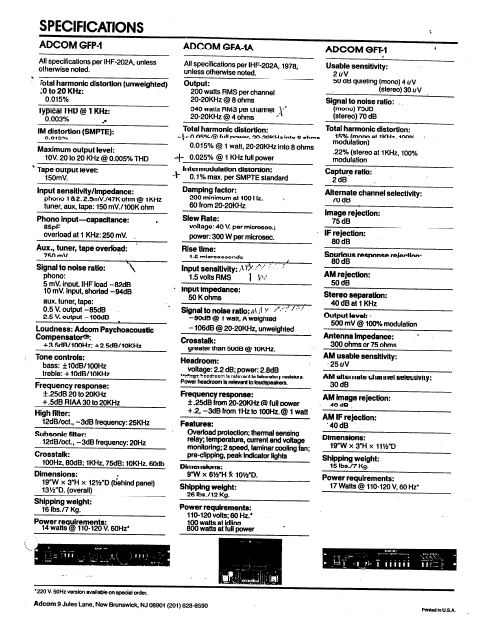 ADCOM GFP-1 Specification Owner's Manual