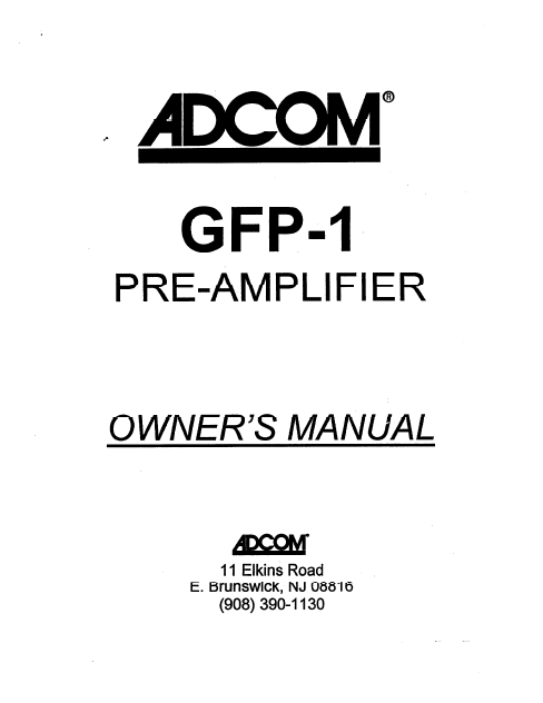 ADCOM GFP-1 Pre Amplifier Owner's Manual