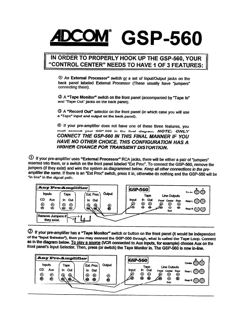 ADCOM GSP-560 Hookup Amplifier Owner's Manual