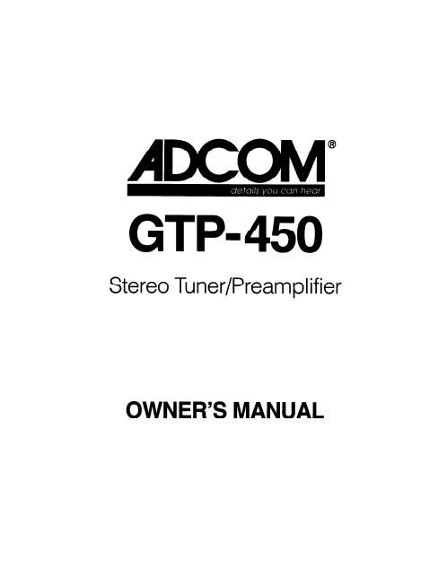 ADCOM GTP-450 Stereo Tuner PreAmp Owner's Manual