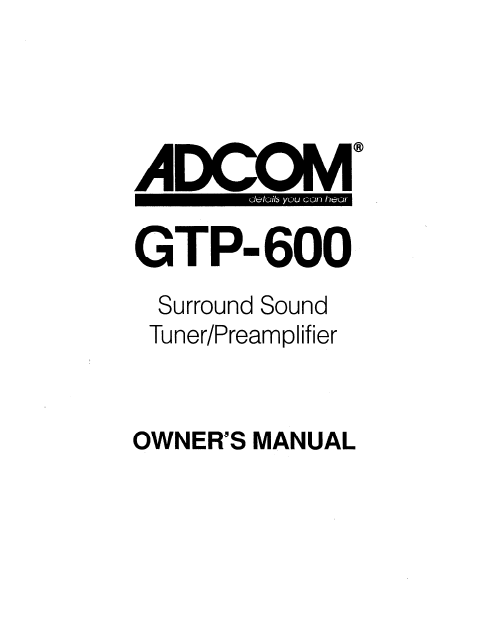 ADCOM GTP-600 Tuner PreAmp Owner's Manual
