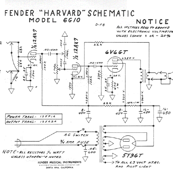 FENDER Harvard 6G10 Schematics