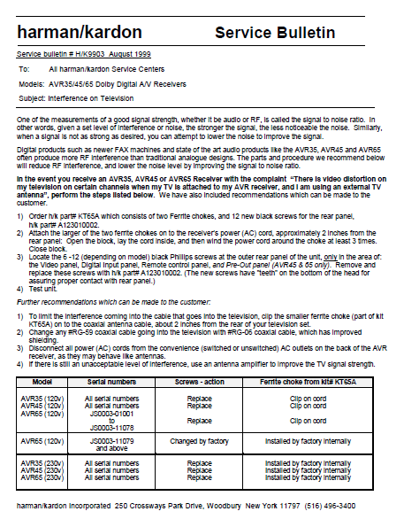 Harman Kardon HK 9903 AVR35 45-65 Dolby Digital AV Receivers Service Bulletin