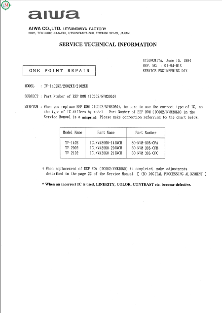 AIWA TV Technical Information Service Manual