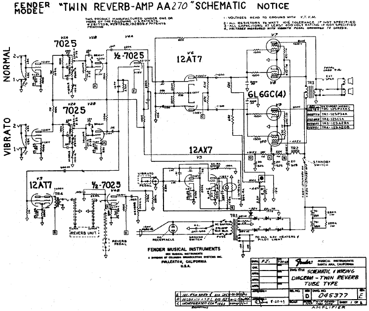 FENDER Twin Reverb AA270 Schematic – Electronic Service Manuals