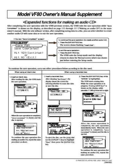 FOSTEX VF80 Supplement Owner's Manual