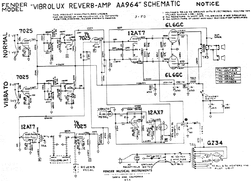 FENDER Vibrolxu Reverb-Amp AA964 Schematic